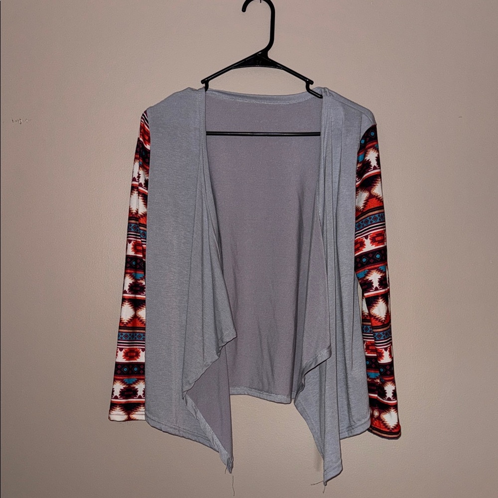 Women's Gray and Patterned Open Front Cardigan